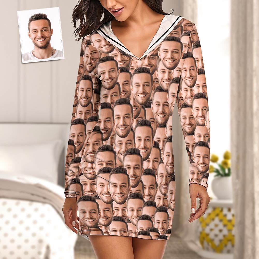 Custom Face Mash Pajamas Women's Pajama Sets Long-sleeved Dress Summer Sleepwear - auphotoblanket