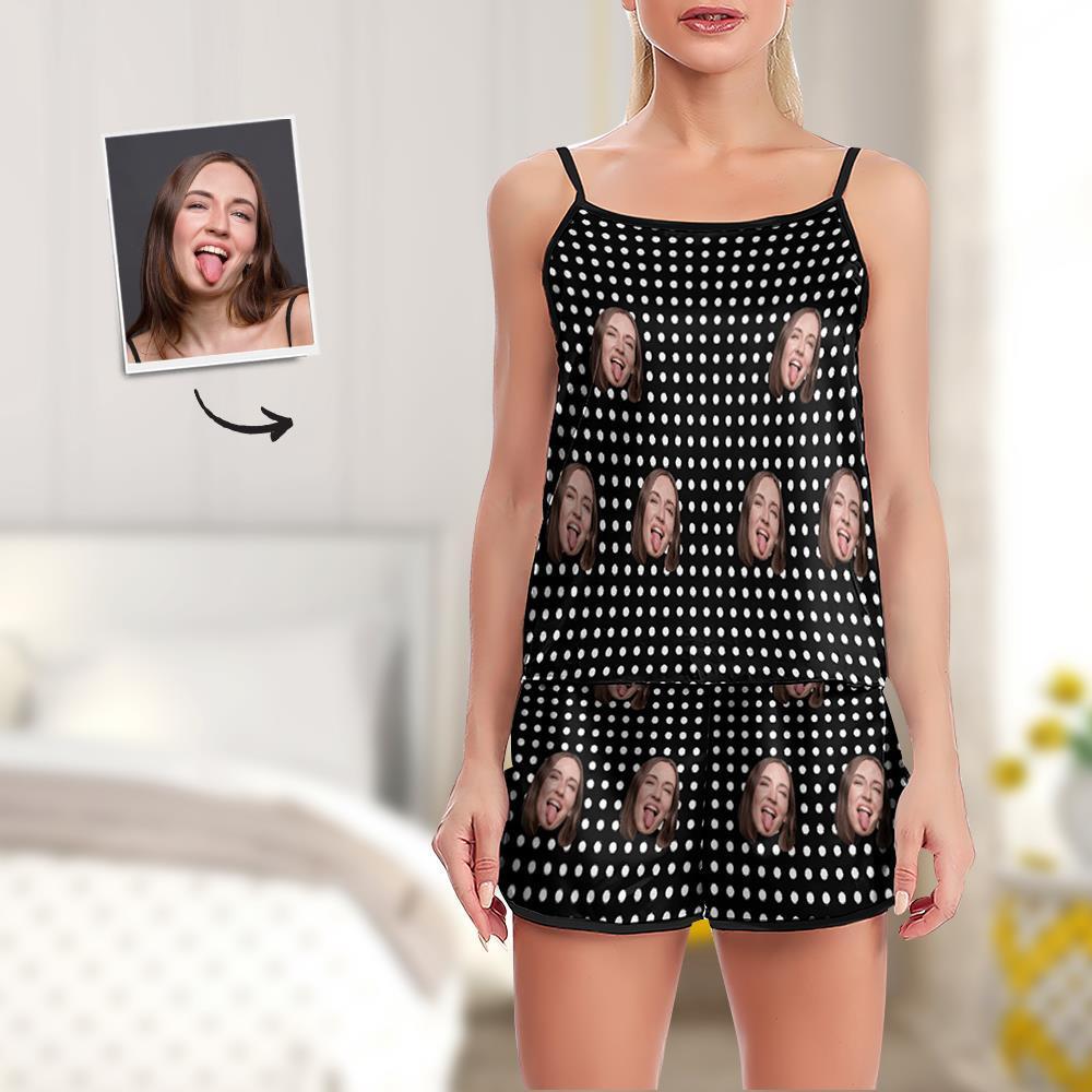 Custom Face Pajamas Suspender Sleepcoat Shorts Lingerie Set Summer Sleepwear - Polka - auphotoblanket