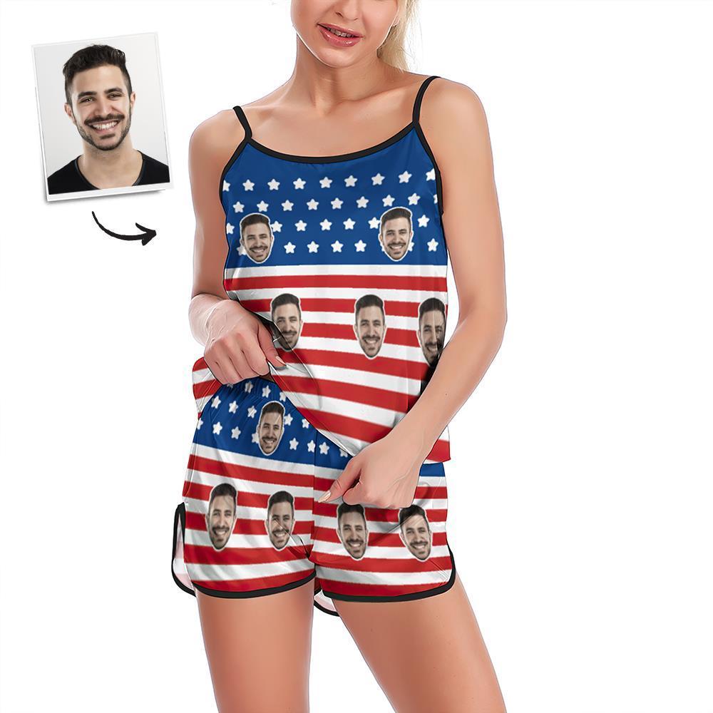 Custom Face Pajamas Suspender Sleepcoat Shorts Lingerie Set Summer Sleepwear - USA Flag - auphotoblanket