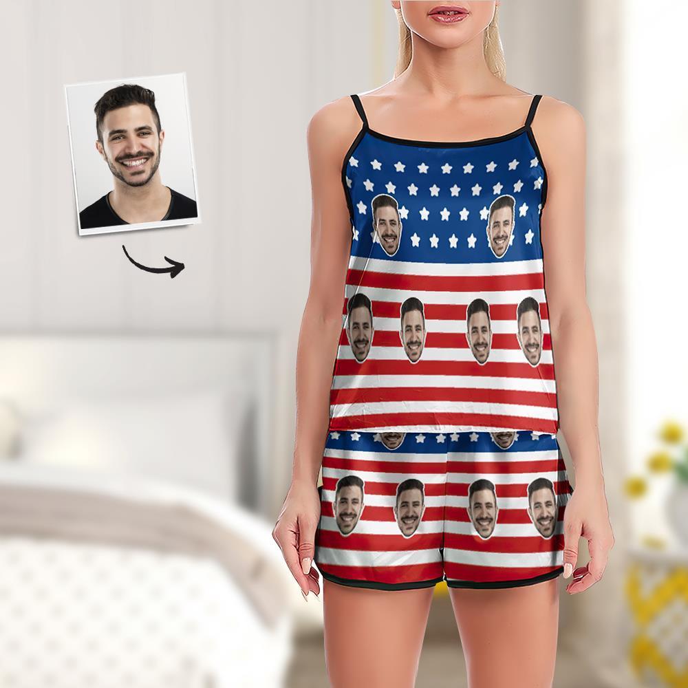 Custom Face Pajamas Suspender Sleepcoat Shorts Lingerie Set Summer Sleepwear - USA Flag - auphotoblanket