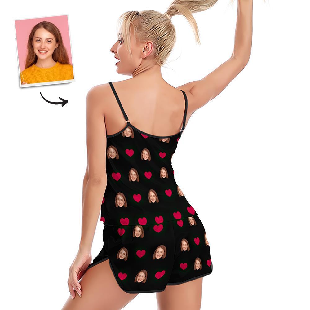 Custom Face Pajamas Suspender Sleepcoat Shorts Lingerie Set Summer Sleepwear - Heart - auphotoblanket