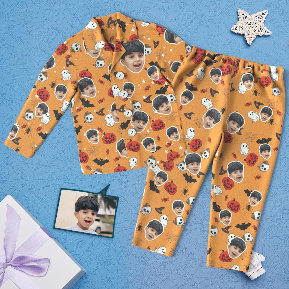 Custom Face Children's Halloween Pajamas For Kids Pumpkin And Little Ghost - auphotoblanket