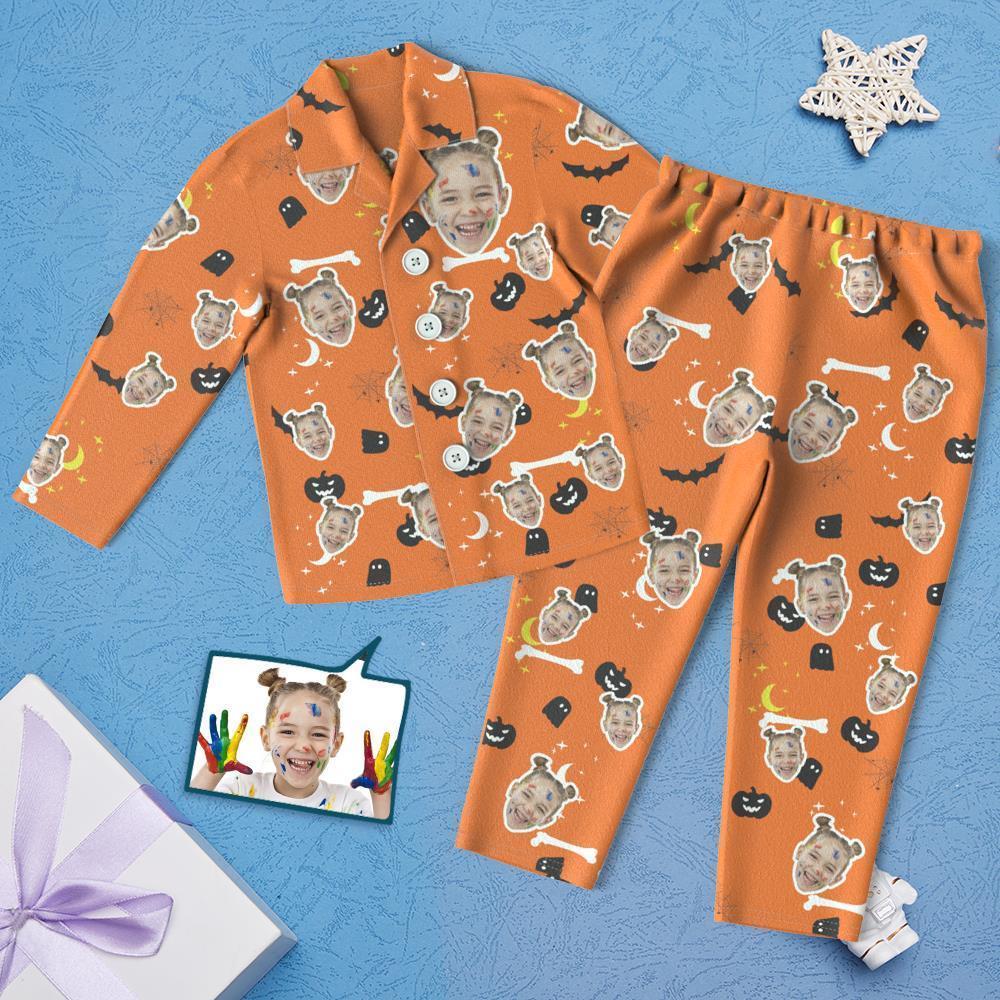 Custom Face Children's Halloween Pajamas For Kids Pumpkin Bat Print Pyjamas - auphotoblanket