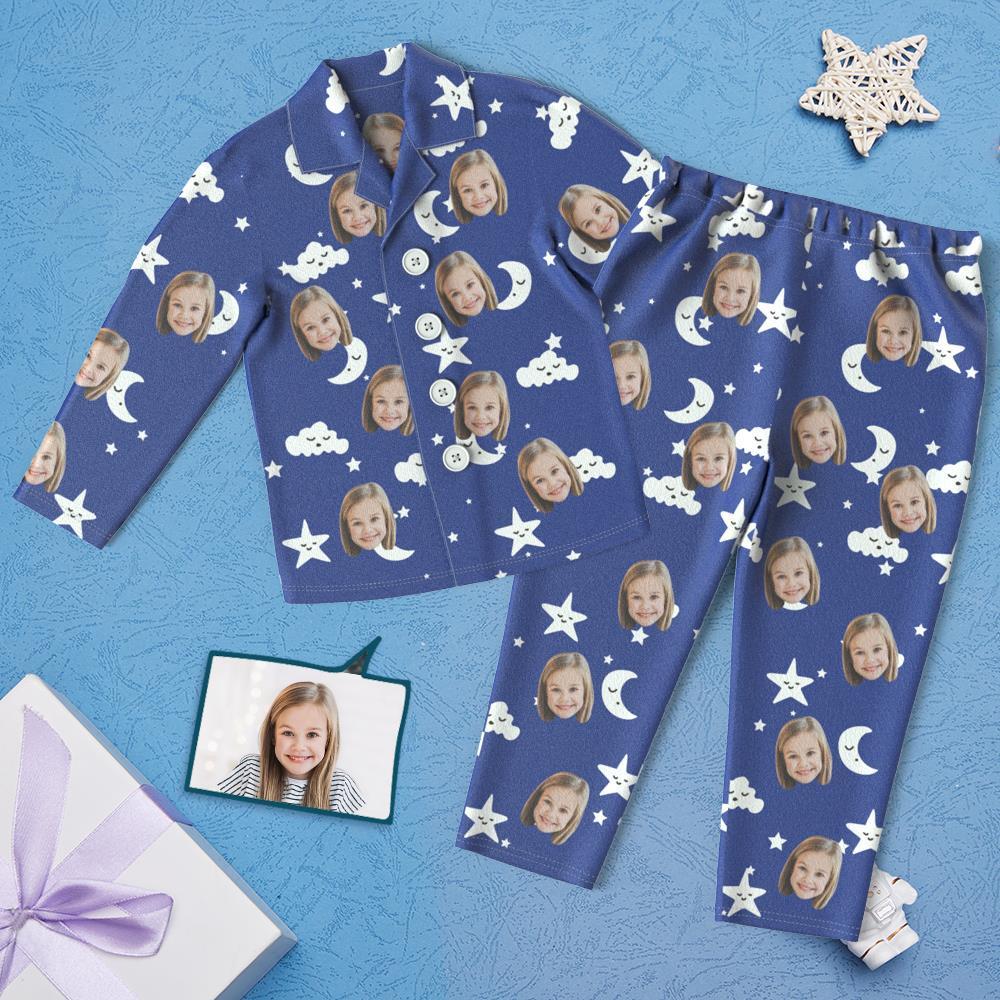 Custom Face Children's Pajamas Star Print - Navy Blue Night Suit - auphotoblanket