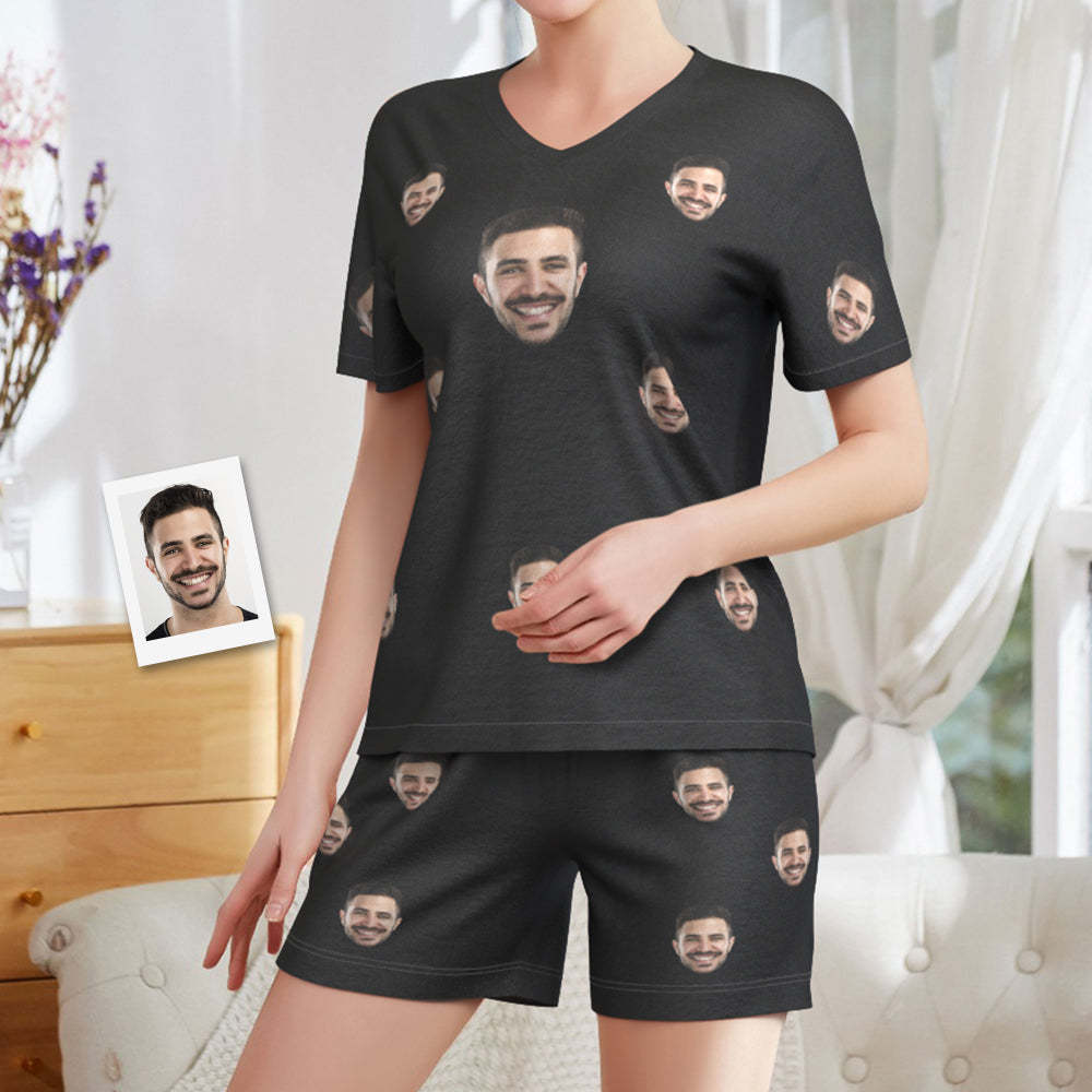 Custom Face Pajamas Black Funny Short Pajama Set Gift for Women - auphotoblanket