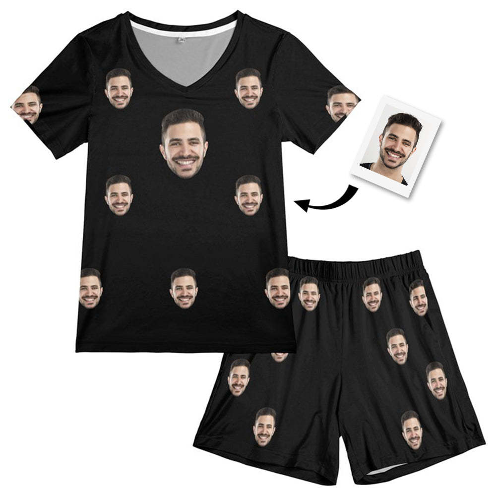 Custom Face Pajamas Black Funny Short Pajama Set Gift for Women - auphotoblanket
