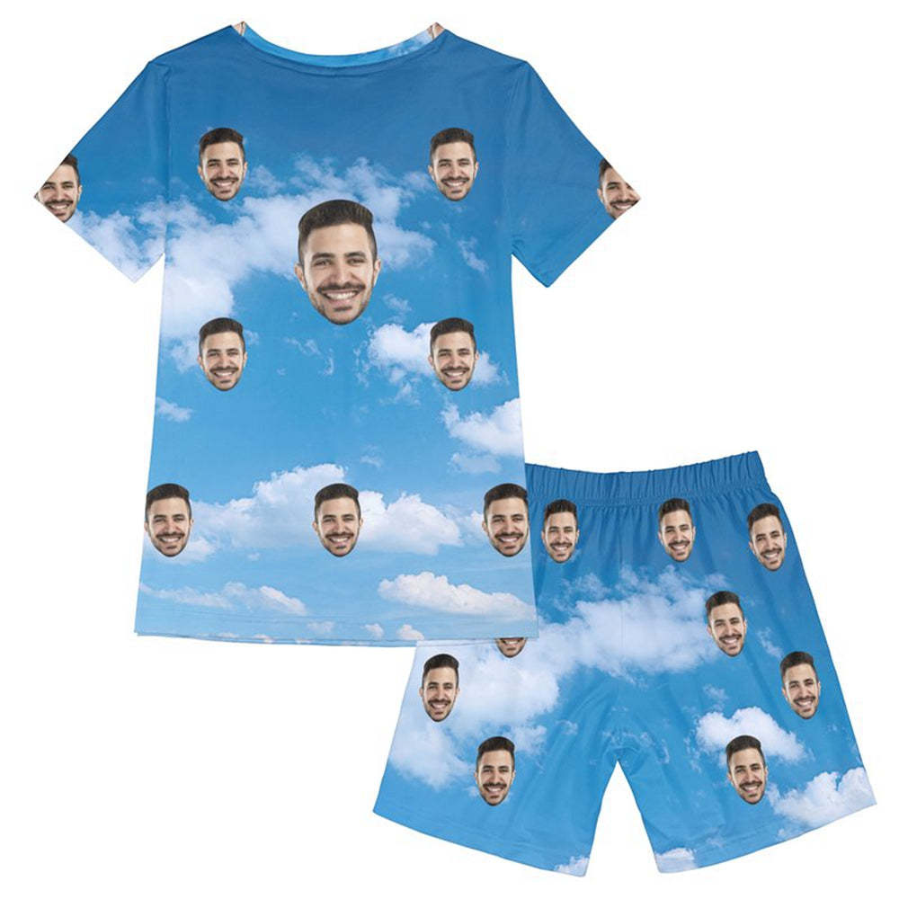 Custom Photo Face Pajamas Blue Sky Lover Short Pajama Set Gift for Women - auphotoblanket