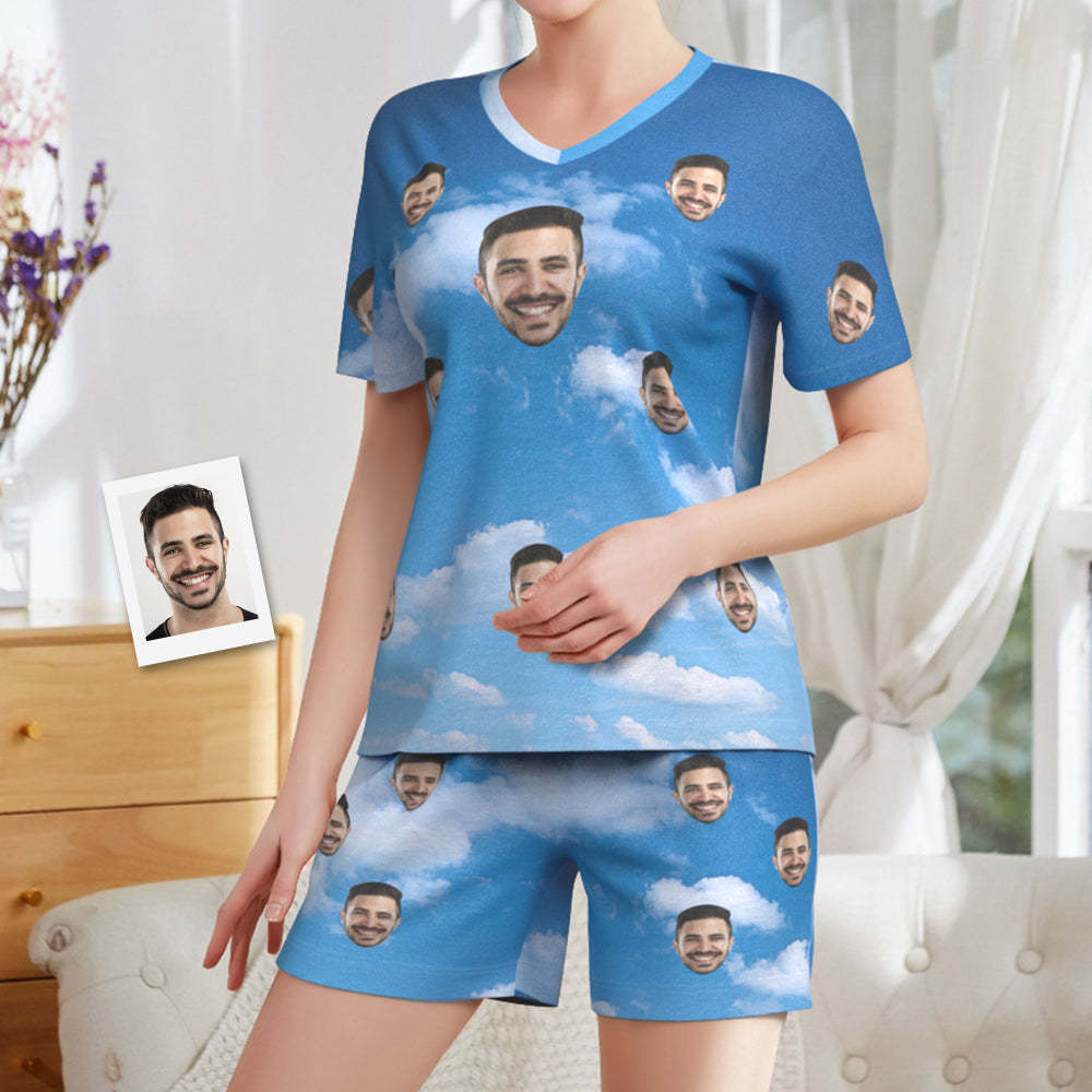 Custom Photo Face Pajamas Blue Sky Lover Short Pajama Set Gift for Women - auphotoblanket