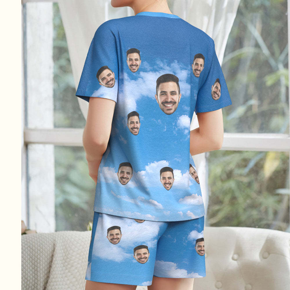 Custom Photo Face Pajamas Blue Sky Lover Short Pajama Set Gift for Women - auphotoblanket