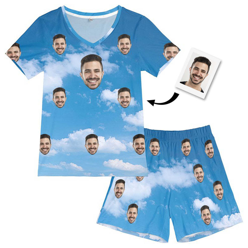 Custom Photo Face Pajamas Blue Sky Lover Short Pajama Set Gift for Women - auphotoblanket