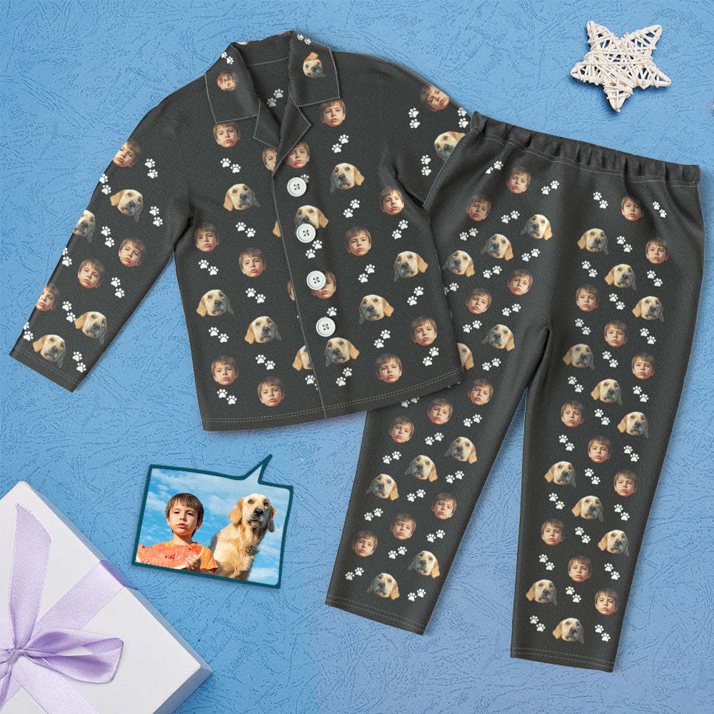 Custom Face Children's Pajamas Personalized Kid's Sleepwear With Pet Dog - Foot Print - auphotoblanket