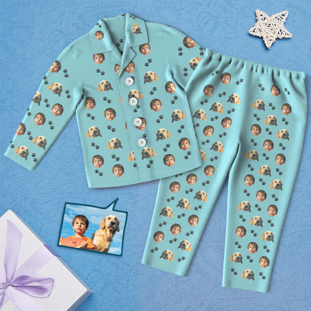 Custom Face Children's Pajamas Personalized Kid's Sleepwear With Pet Dog - Foot Print - auphotoblanket