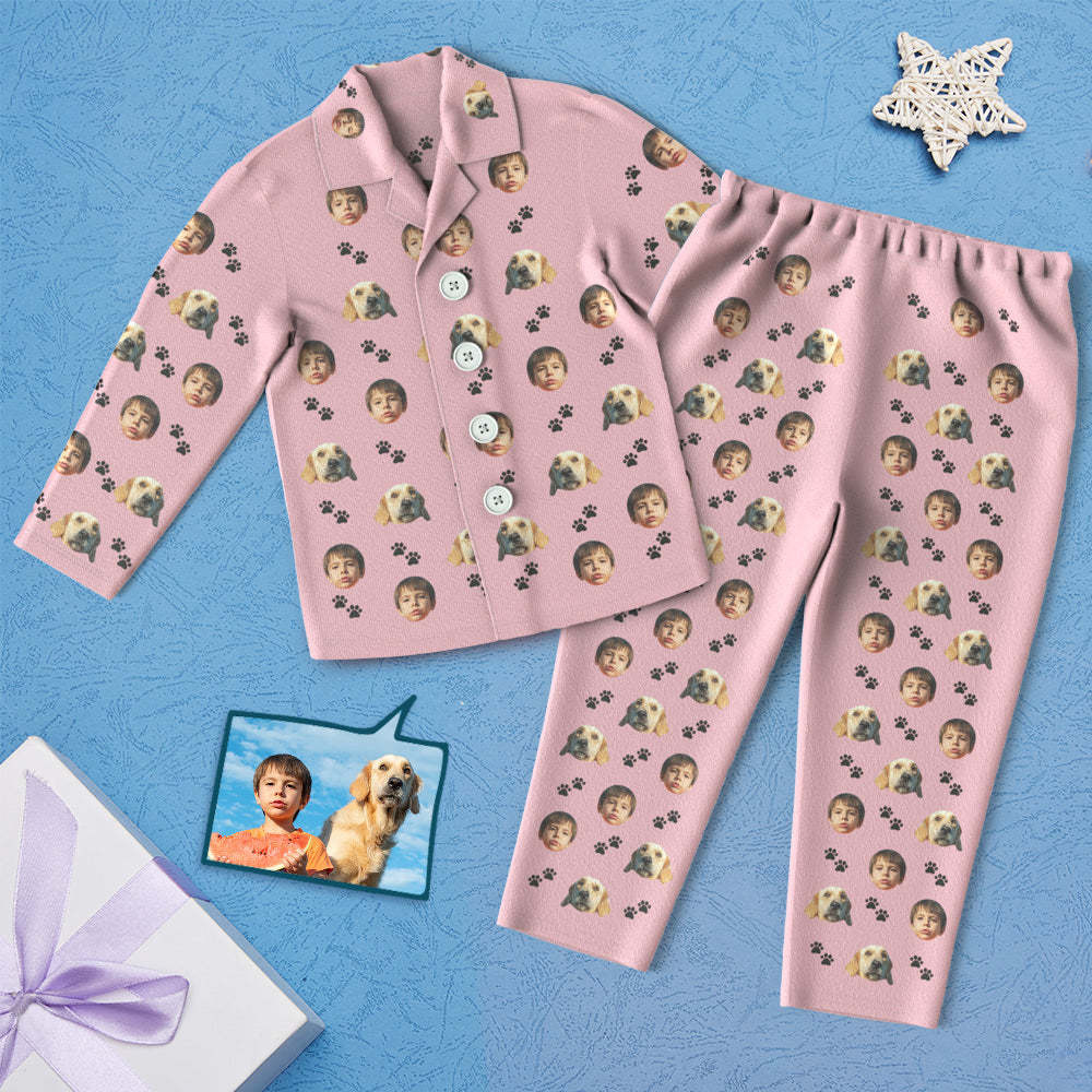 Custom Face Children's Pajamas Personalized Kid's Sleepwear With Pet Dog - Foot Print - auphotoblanket