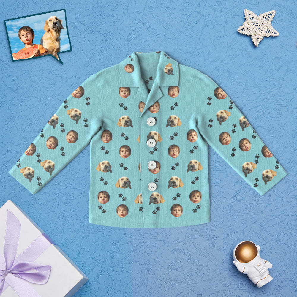 Custom Face Children's Pajamas Personalized Kid's Sleepwear With Pet Dog - Foot Print - auphotoblanket