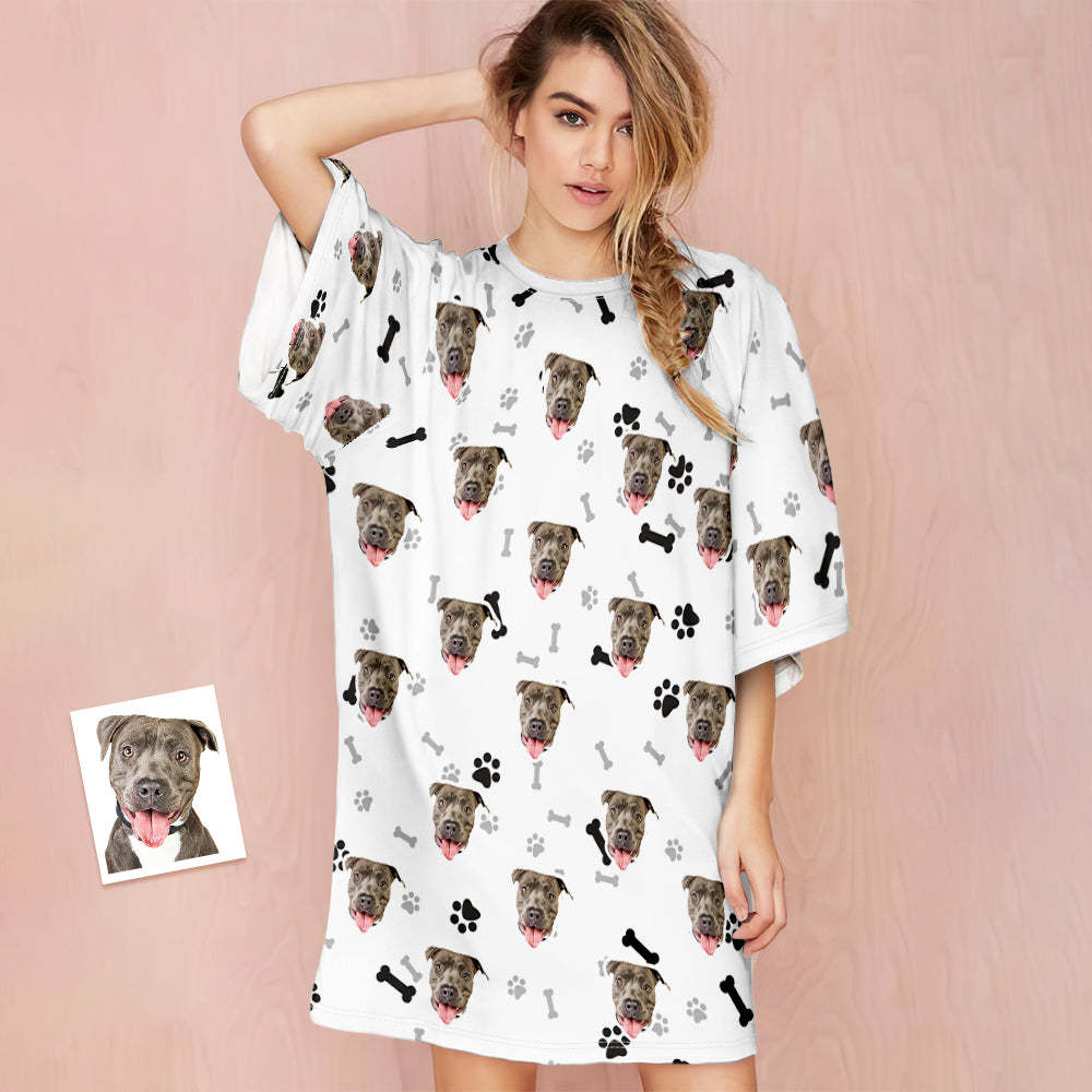 Custom Dog Face Nightdress Personalized Photo Women's Oversized Colorful Nightshirt Bone Gifts For Women - auphotoblanket