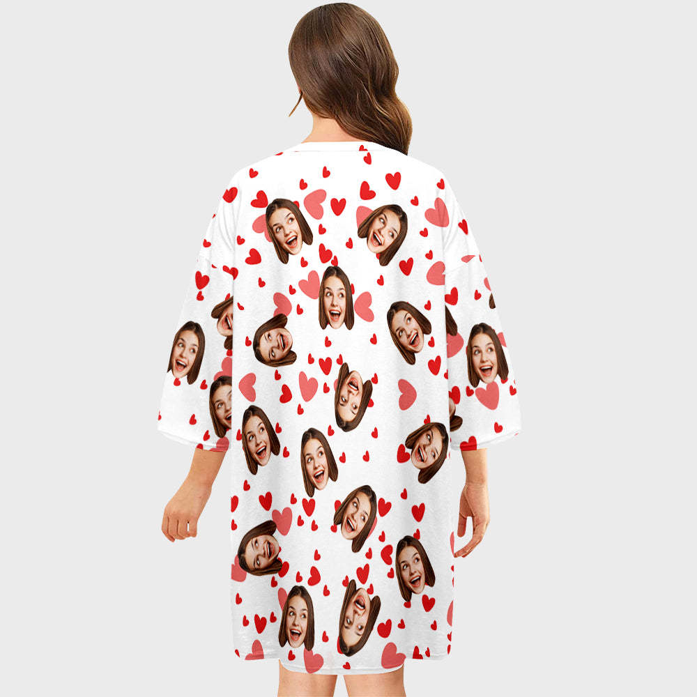 Custom Face Nightdress Personalized Photo Women's Oversized Nightshirt Red Heart Gifts For Her - auphotoblanket
