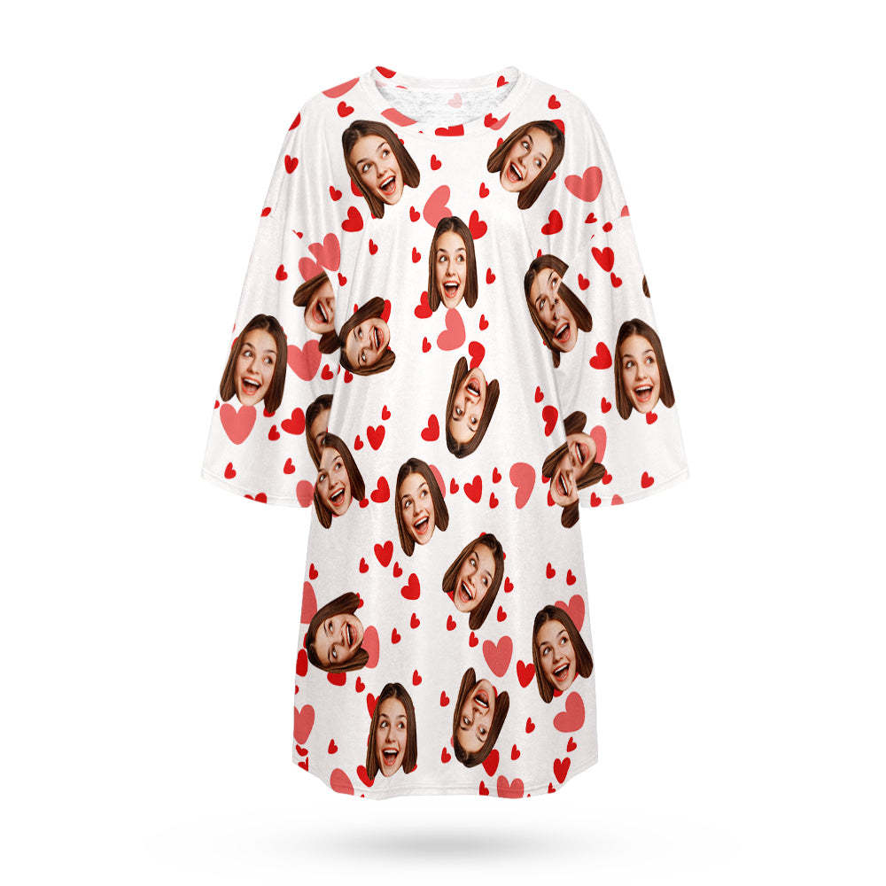 Custom Face Nightdress Personalized Photo Women's Oversized Nightshirt Red Heart Gifts For Her - auphotoblanket