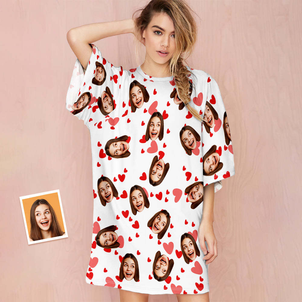Custom Face Nightdress Personalized Photo Women's Oversized Nightshirt Red Heart Gifts For Her - auphotoblanket