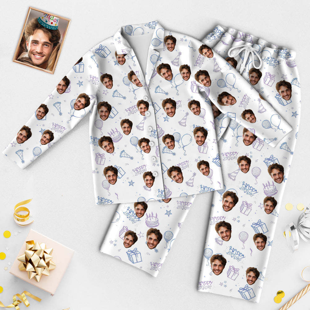Custom Face Birthday Pajamas Personalized Photo Party Sleepwear Women Men White Pajama Set Happy Birthday - auphotoblanket