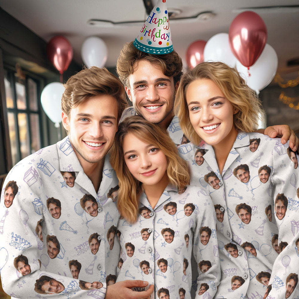 Custom Face Birthday Pajamas Personalized Photo Party Sleepwear Women Men White Pajama Set Happy Birthday - auphotoblanket