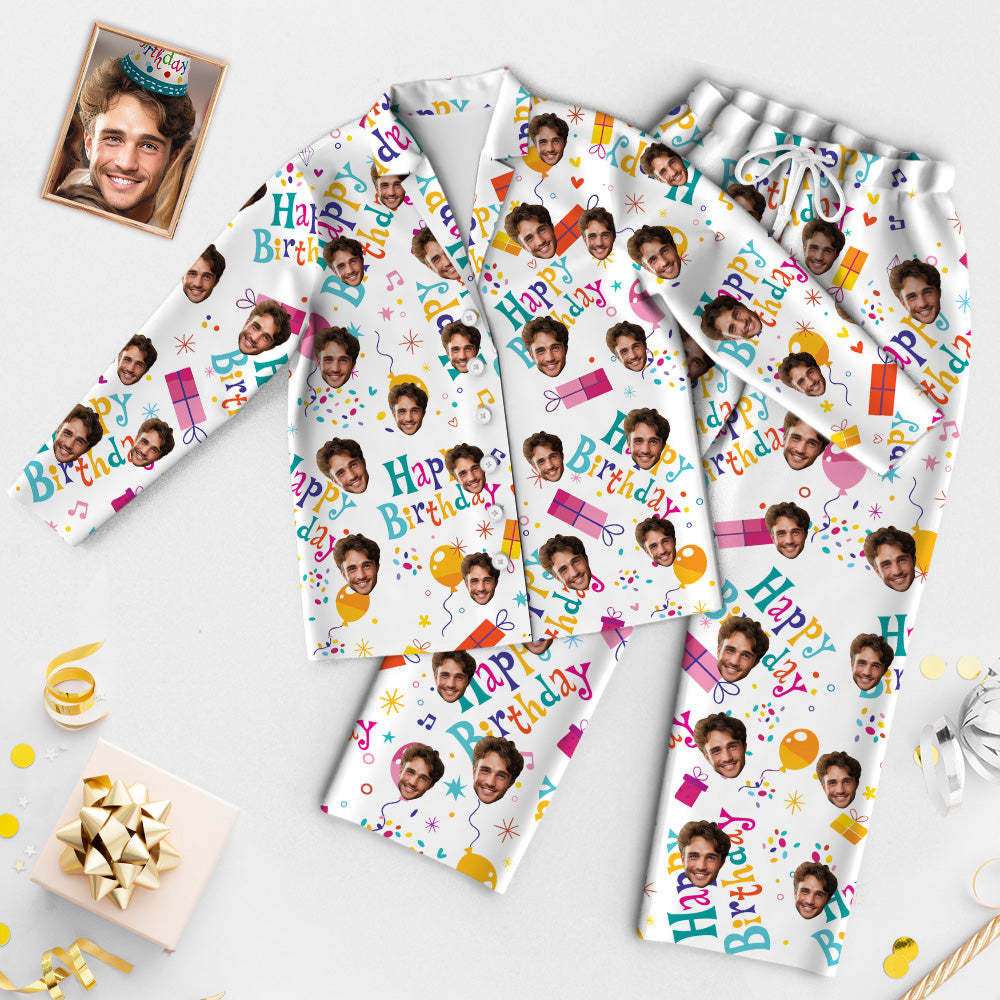 Custom Face Birthday Pajamas Personalized Photo Party Sleepwear Women Men Colorful Pajama Set Happy Birthday - auphotoblanket