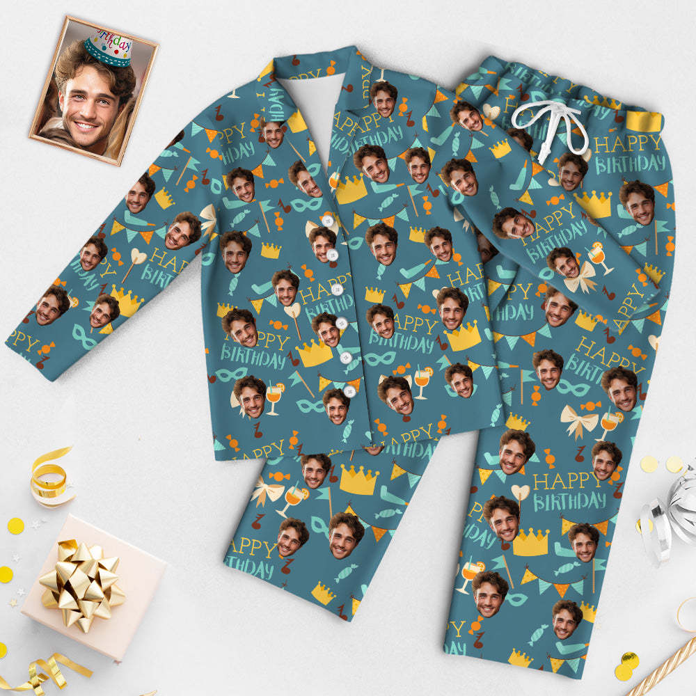 Custom Face Birthday Pajamas Personalized Photo Party Sleepwear Women Men Blue Pajama Set Happy Birthday - auphotoblanket