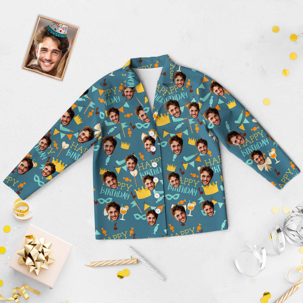 Custom Face Birthday Pajamas Personalized Photo Party Sleepwear Women Men Blue Pajama Set Happy Birthday - auphotoblanket