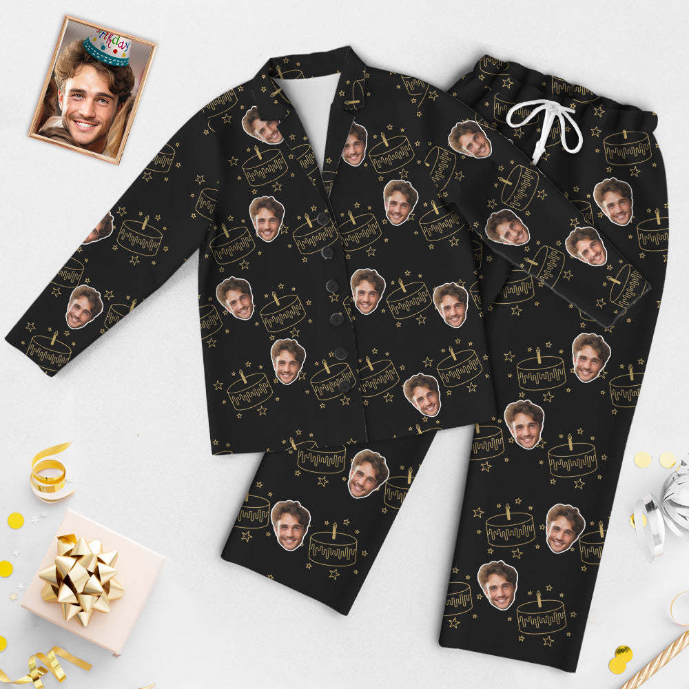 Custom Face Birthday Pajamas Personalized Photo Party Sleepwear Women Men Black Pajama Set Birthday Cake - auphotoblanket