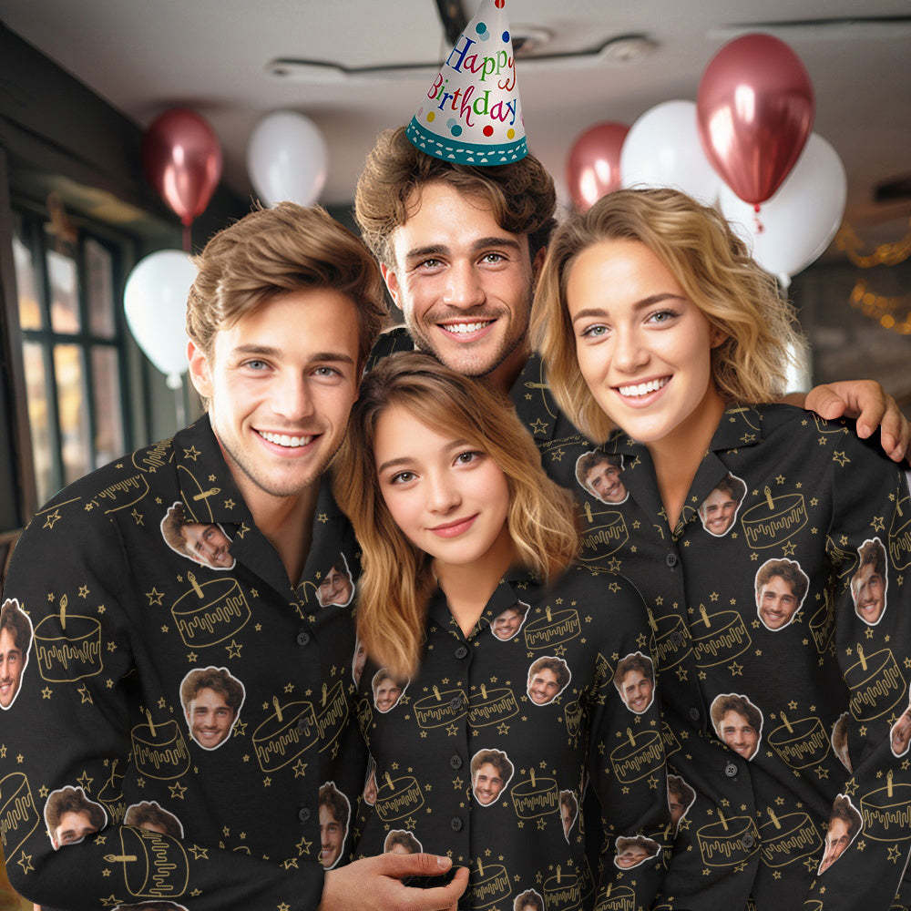 Custom Face Birthday Pajamas Personalized Photo Party Sleepwear Women Men Black Pajama Set Birthday Cake - auphotoblanket