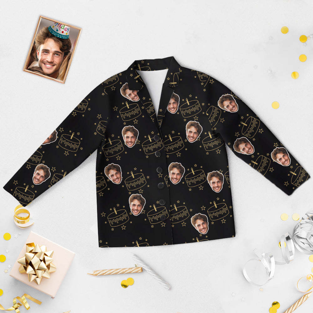 Custom Face Birthday Pajamas Personalized Photo Party Sleepwear Women Men Black Pajama Set Birthday Cake - auphotoblanket