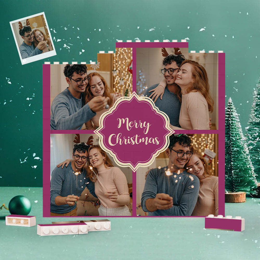 Custom Building Block Puzzle Square Couple Photo Brick Merry Christmas - auphotoblanket