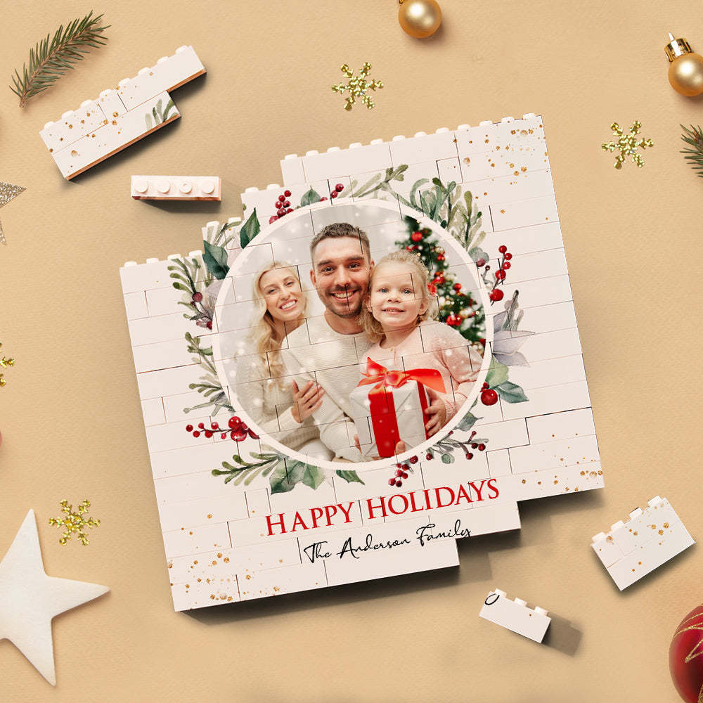 Custom Building Block Puzzle Square Family Photo Brick Happy Holidays - auphotoblanket