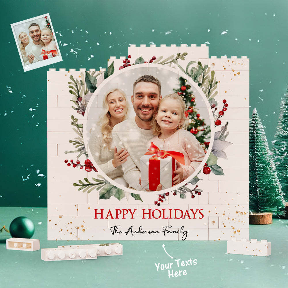 Custom Building Block Puzzle Square Family Photo Brick Happy Holidays - auphotoblanket
