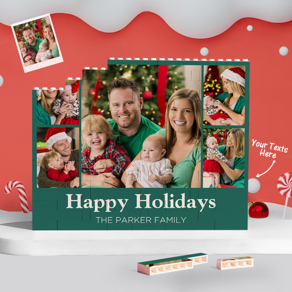 Custom Building Block Puzzle Personalized Horizontal Trio Photo Brick Happy Holidays