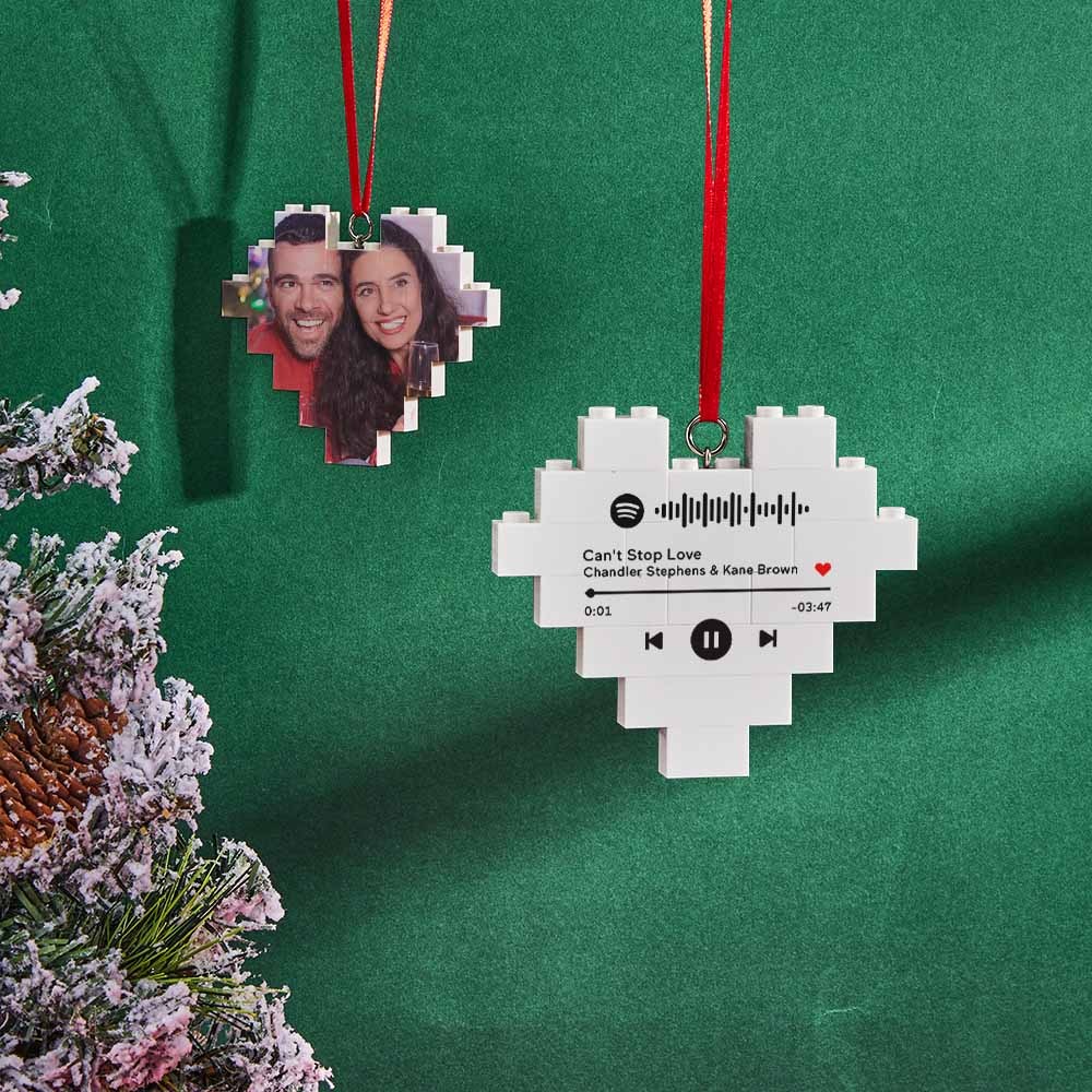 Christmas Ornament Personalized Building Brick Custom Music Code Heart Photo Block - auphotoblanket