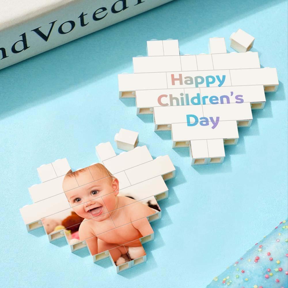Custom Building Brick Puzzle Engraving Personalized Heart Shaped Photo Block Gift For Children's Day - auphotoblanket