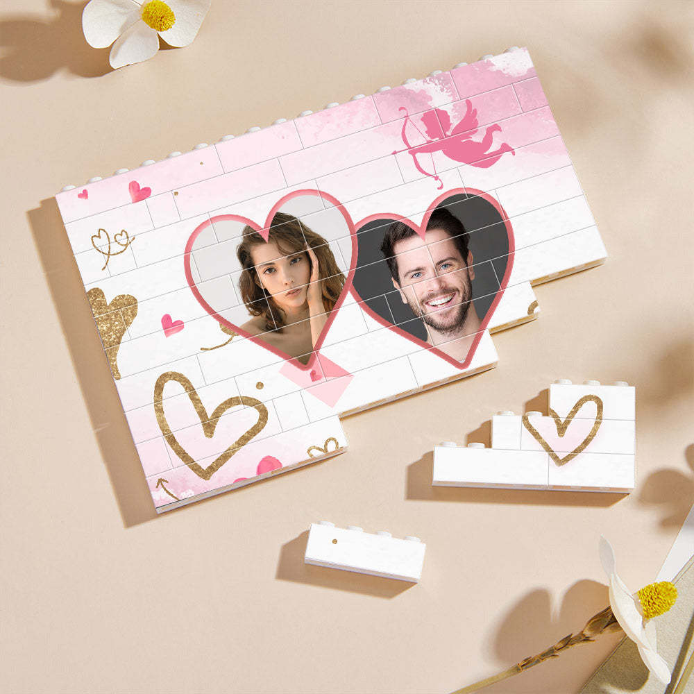 Personalized Double Heart Building Brick Custom Photo Block Square Shape - auphotoblanket