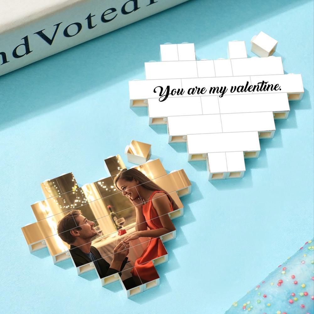 Custom Building Brick Puzzle Personalized Heart Shaped Photo & Text Block Gift for Couples - auphotoblanket
