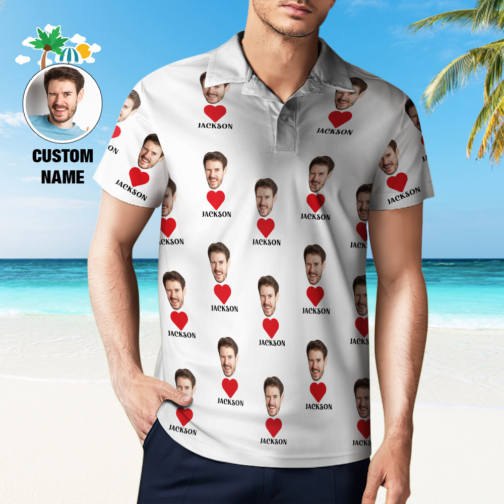 Custom Name Polo Shirt Personalized Hearts Short Sleeve Golf Shirt with Picture Logo Custom Polos for Men - auphotoblanket
