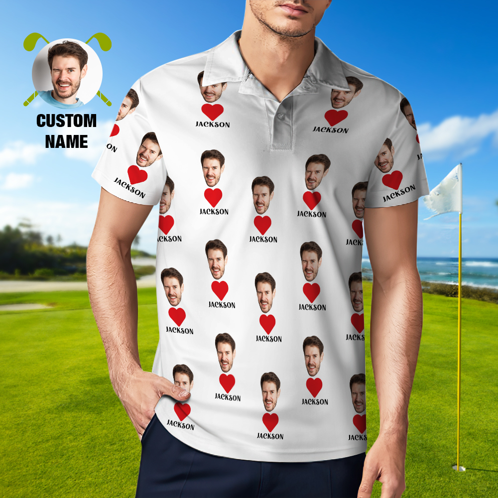 Custom Name Polo Shirt Personalized Hearts Short Sleeve Golf Shirt with Picture Logo Custom Polos for Men - auphotoblanket
