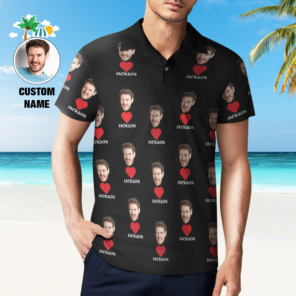Custom Name Polo Shirt Personalized Hearts Short Sleeve Golf Shirt with Picture Logo Custom Polos for Men - auphotoblanket