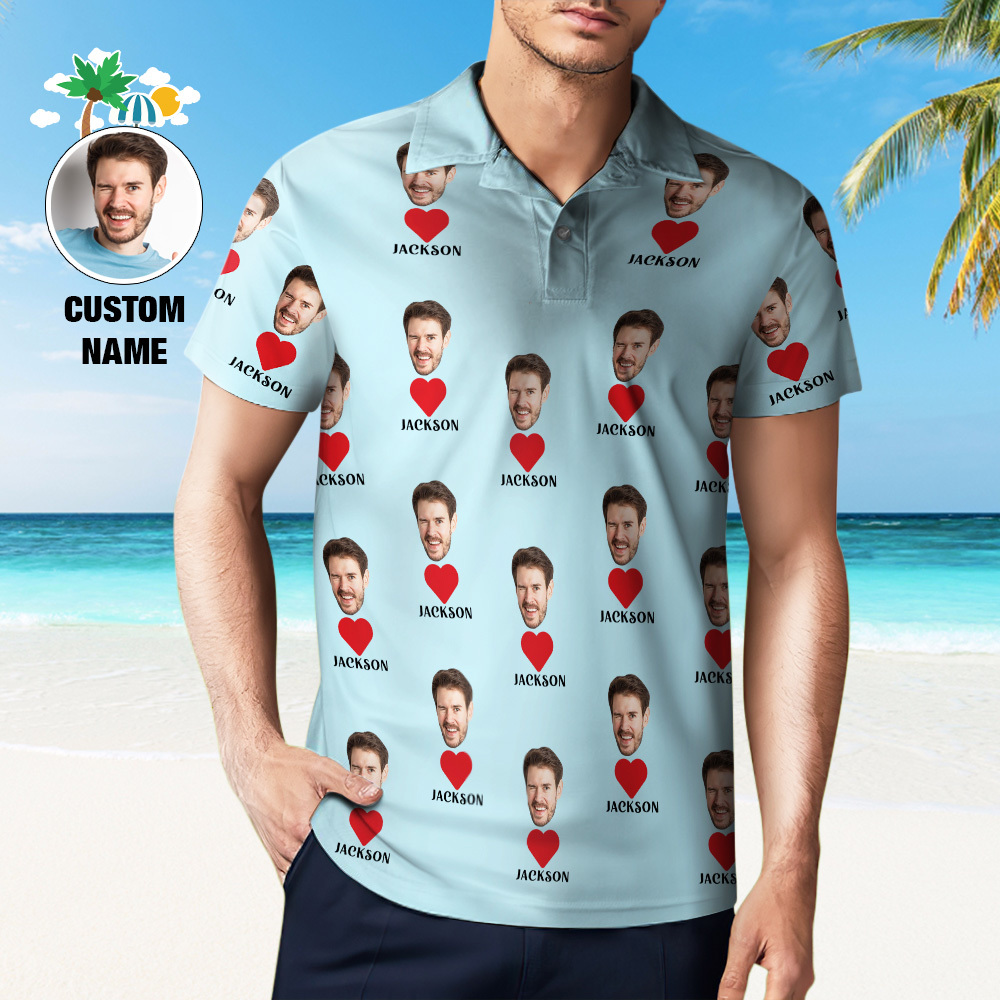 Custom Name Polo Shirt Personalized Hearts Short Sleeve Golf Shirt with Picture Logo Custom Polos for Men - auphotoblanket
