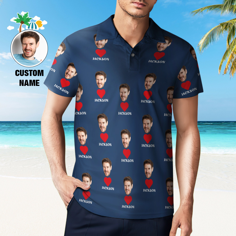 Custom Name Polo Shirt Personalized Hearts Short Sleeve Golf Shirt with Picture Logo Custom Polos for Men - auphotoblanket