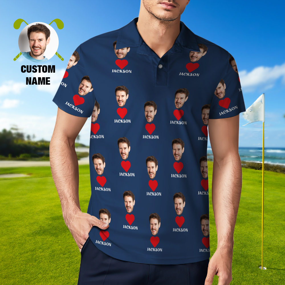 Custom Name Polo Shirt Personalized Hearts Short Sleeve Golf Shirt with Picture Logo Custom Polos for Men - auphotoblanket