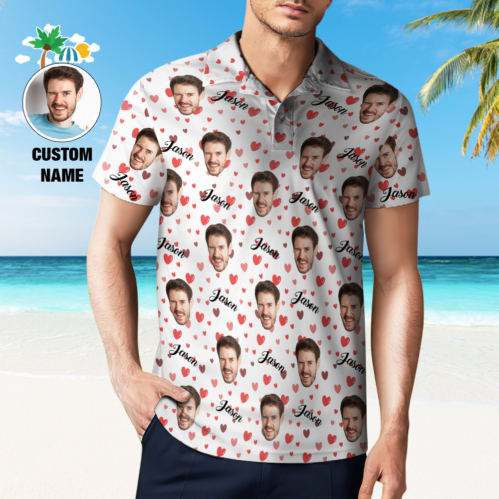 Custom Name Polo Shirt Personalized Hearts Short Sleeve Golf Shirt with Picture Logo Custom Polos for Men - auphotoblanket