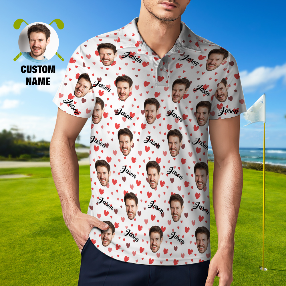 Custom Name Polo Shirt Personalized Hearts Short Sleeve Golf Shirt with Picture Logo Custom Polos for Men - auphotoblanket