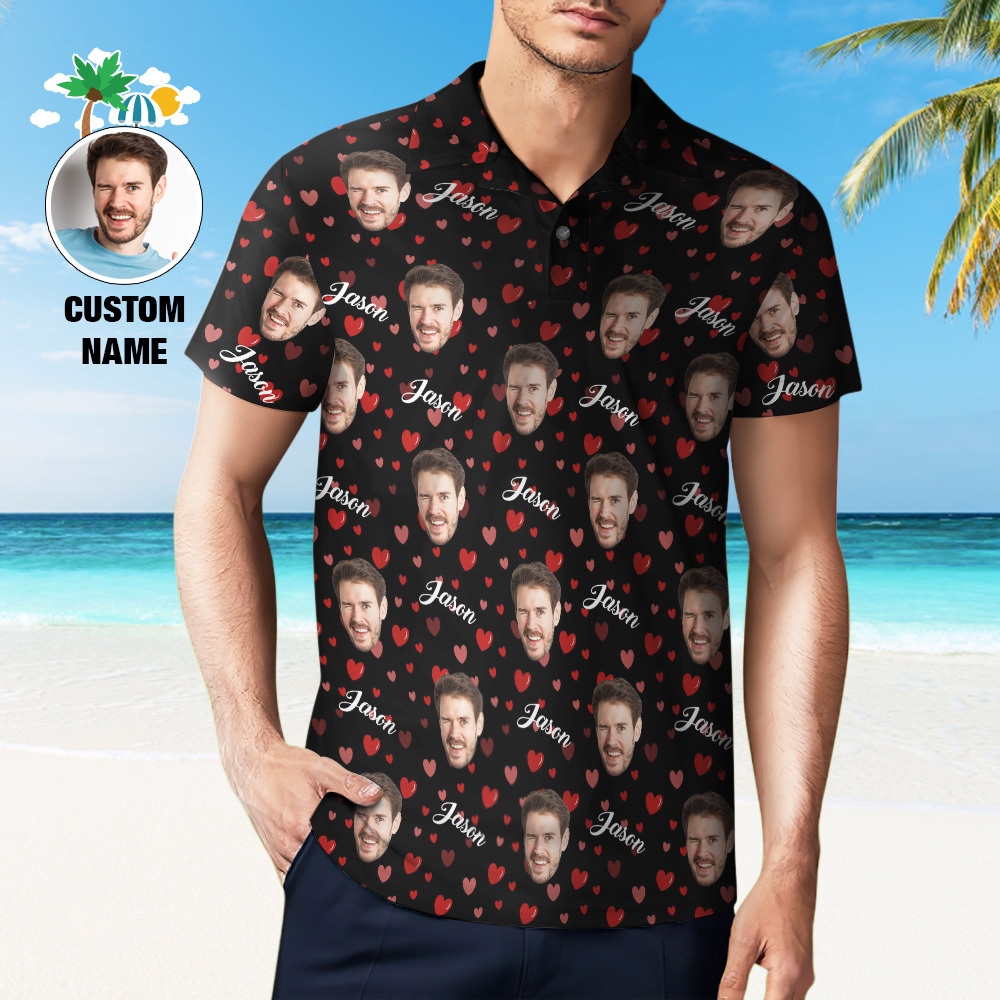 Custom Name Polo Shirt Personalized Hearts Short Sleeve Golf Shirt with Picture Logo Custom Polos for Men - auphotoblanket