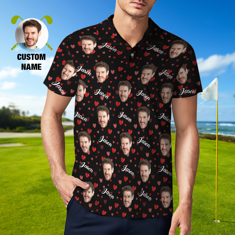 Custom Name Polo Shirt Personalized Hearts Short Sleeve Golf Shirt with Picture Logo Custom Polos for Men - auphotoblanket