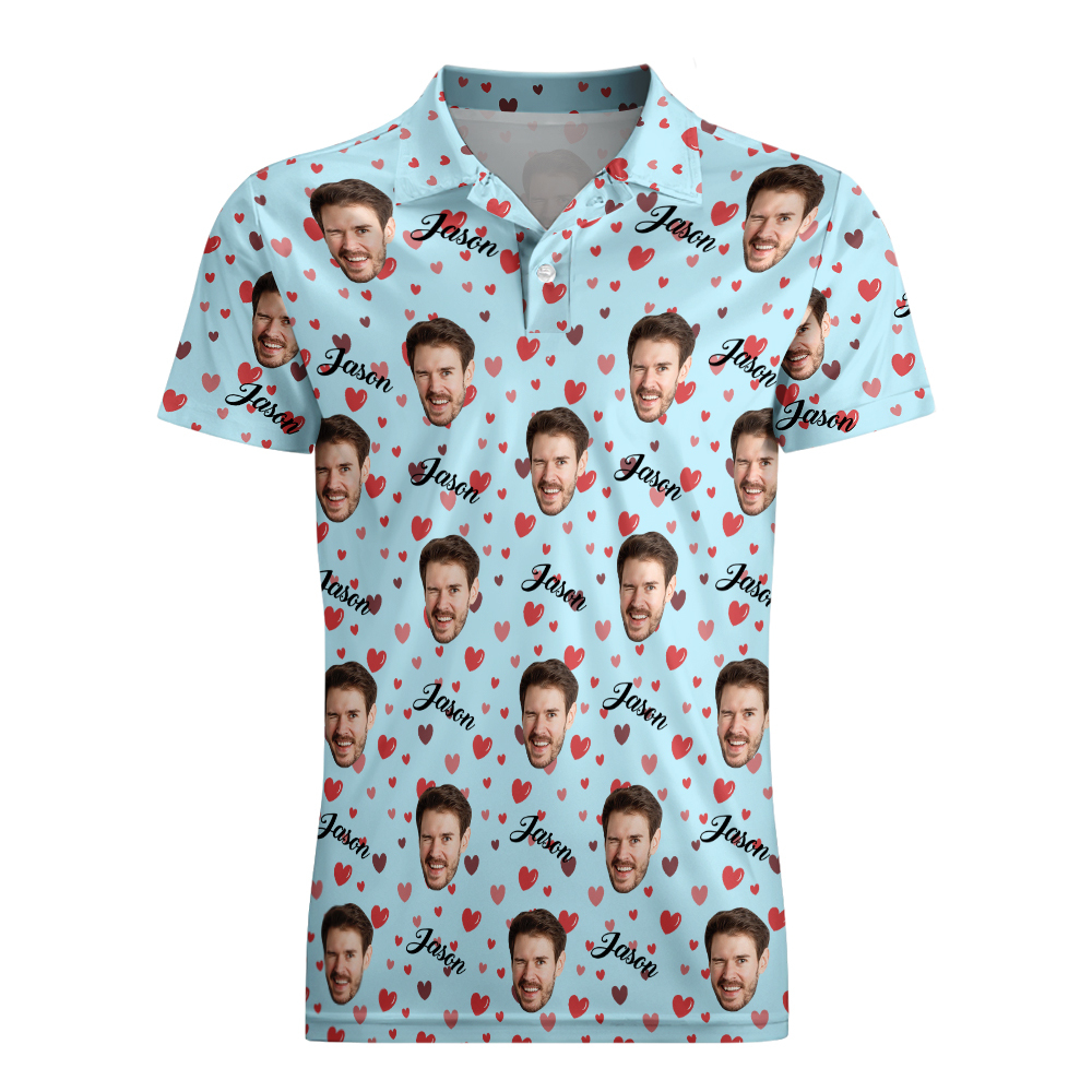 Custom Name Polo Shirt Personalized Hearts Short Sleeve Golf Shirt with Picture Logo Custom Polos for Men - auphotoblanket