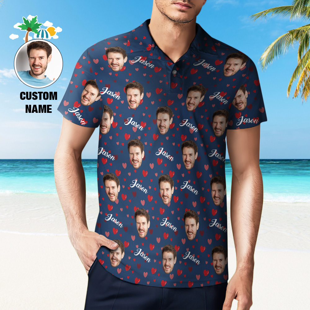 Custom Name Polo Shirt Personalized Hearts Short Sleeve Golf Shirt with Picture Logo Custom Polos for Men - auphotoblanket